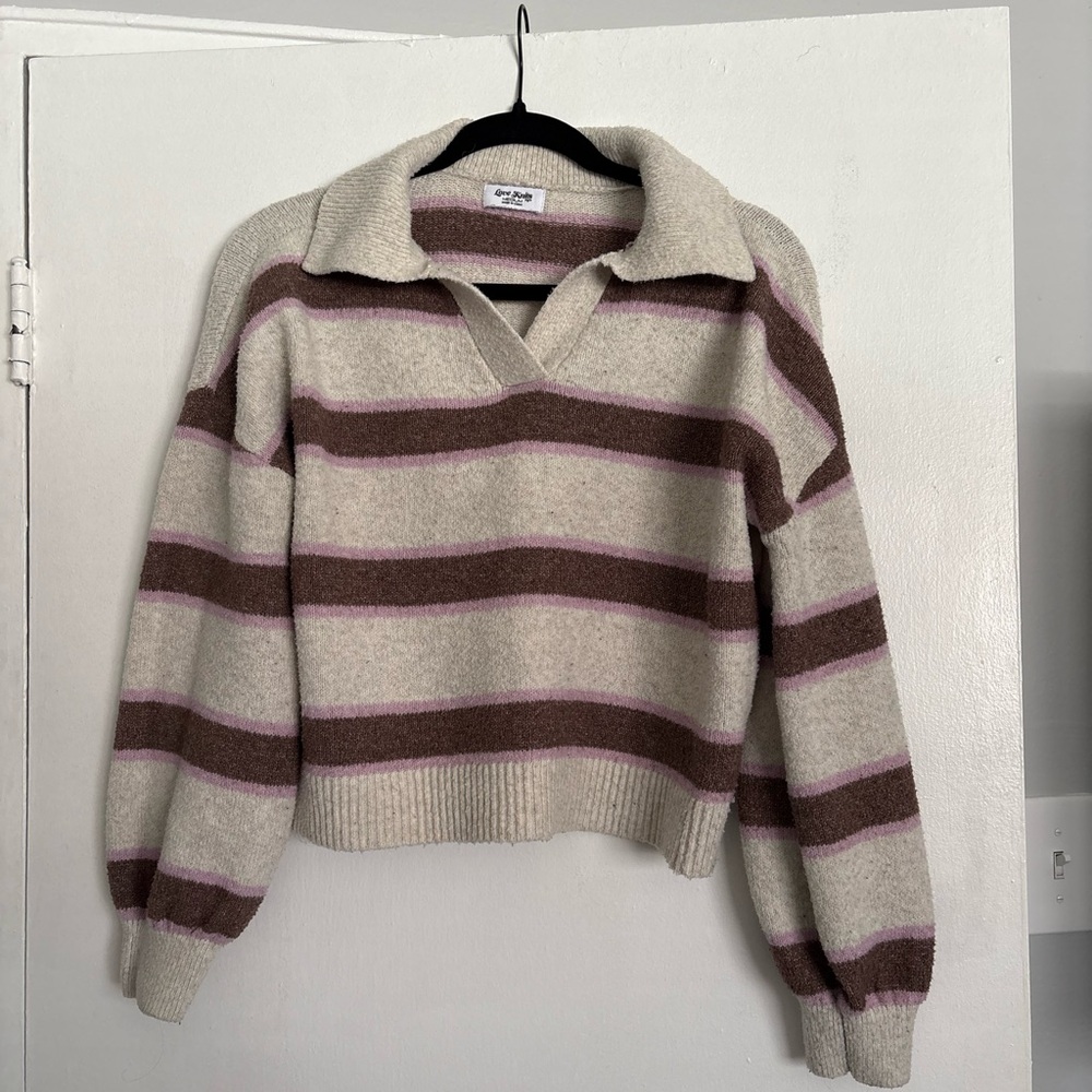 Beige and Brown Striped V-Neck Sweater